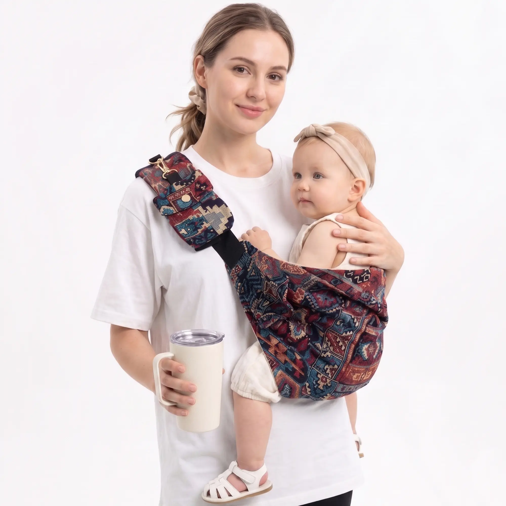 Boho Chic Baby Sling Carrier for One-Handed Coffee Carrying