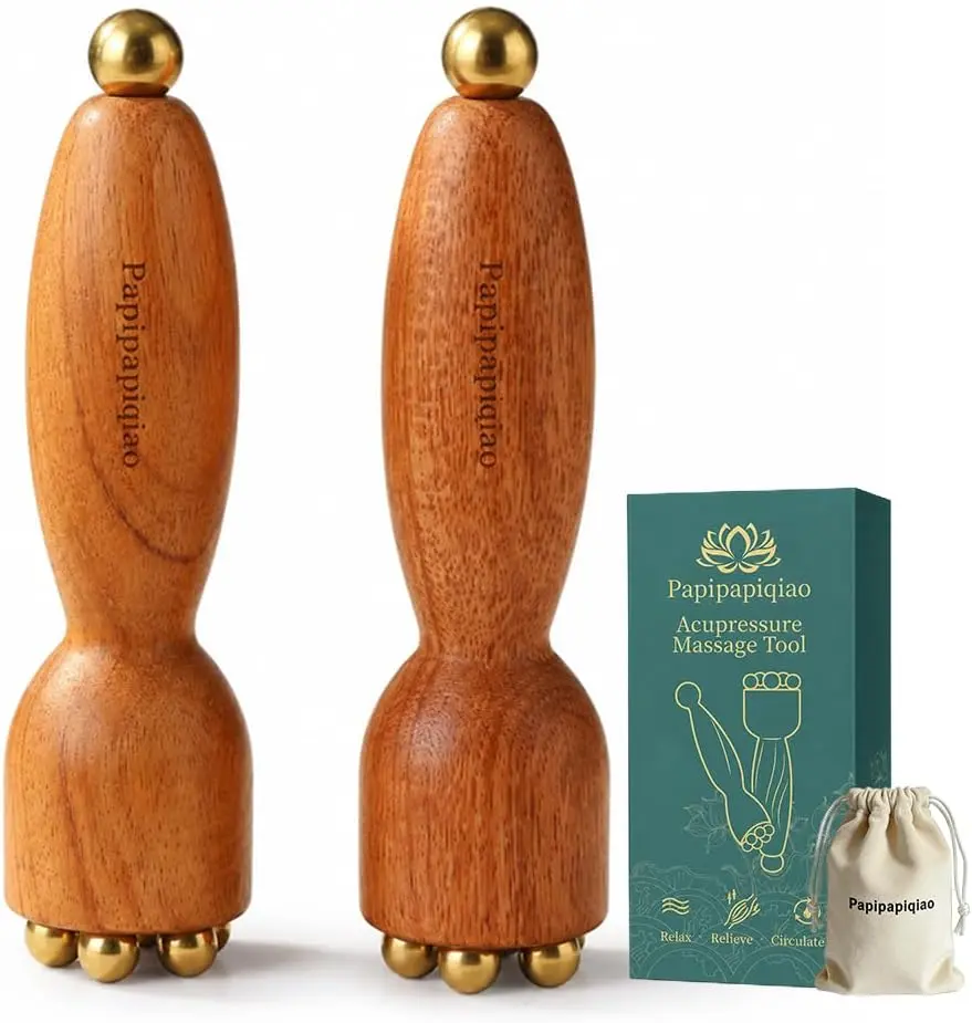 2Pcs Facial Massage Tool for Eye Massage Reduce Puffiness and Dark Circles Facial Meridian Brush Rosewood Handle Copper Massage Beads Chinese SPA Gua Sha Tool (Rosewood)