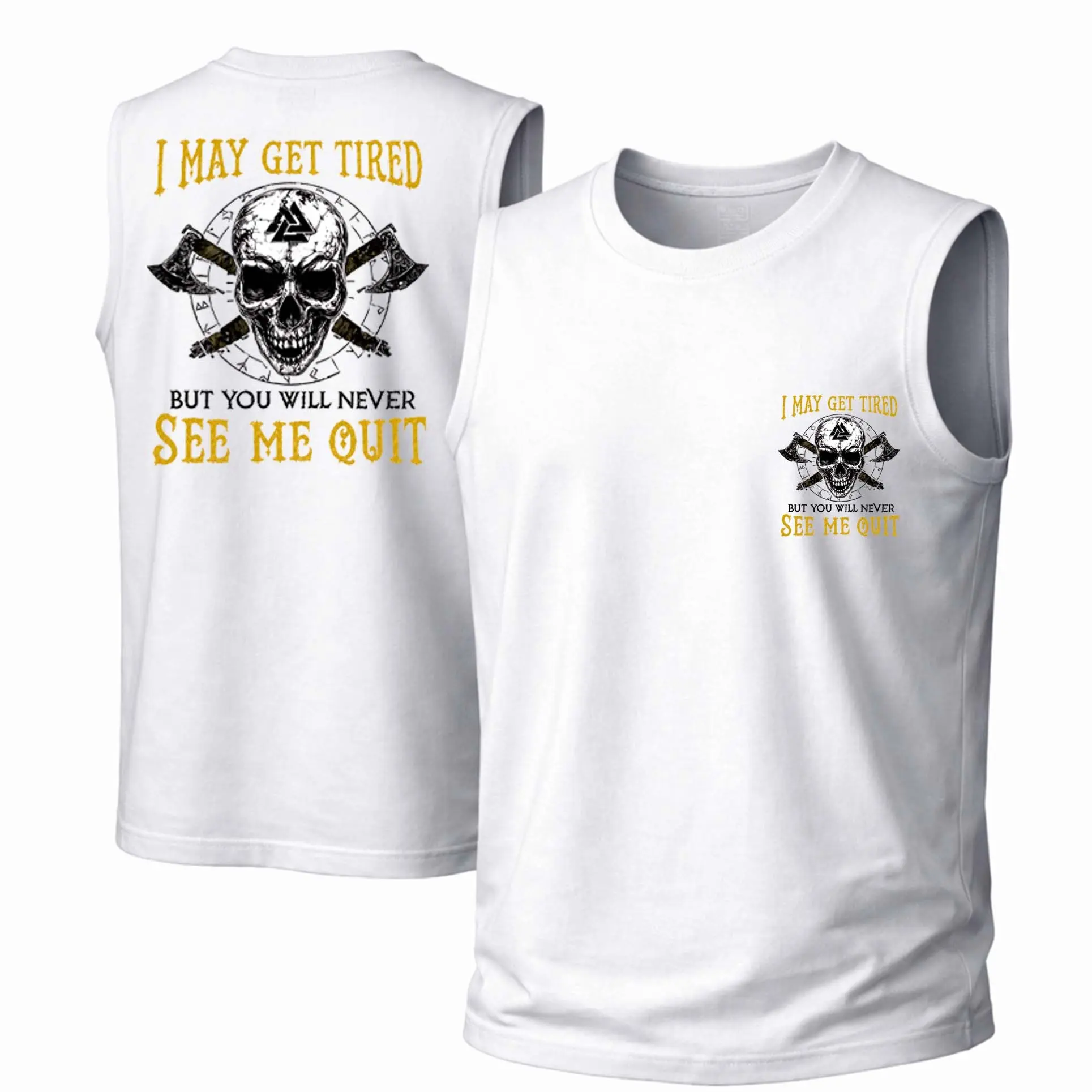 Men's Cotton Sleeveless Tank Top - "I May Get Tired But You Will Never See Me Quit" — Punk Printed Style. This Is A Casual Item Suitable For Both Men And Women, Especially Perfect For Spring And Summer; The Cool Print And Classic Crew Neck Cut