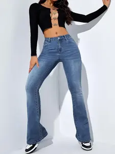 Women's High-Waisted Flared Jeans, Butt-Lifting Bell Bottoms, Soft Elastic Millennial Streetwear Denim, Casual All-Season Fashion