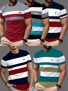 5pcs Men's Striped Gradient Crew Neck Short Sleeve T-Shirts, Casual Tropical Summer Tees for Daily Wear and Vacation