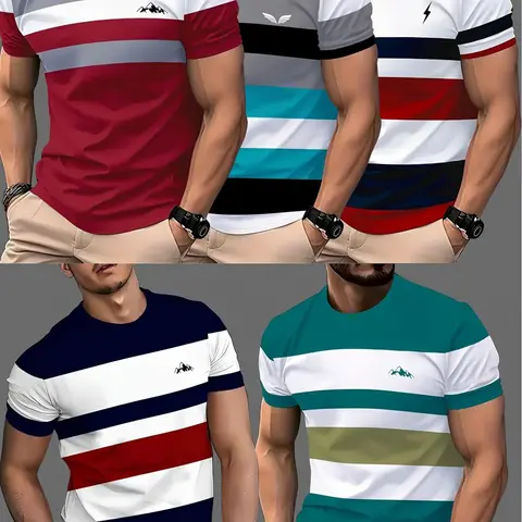 5pcs Men's Casual Comfy Striped Crew Neck Short-Sleeve T-Shirts, Casual Summer Tropical Tees for Daily Wear and Vacation, Menswear