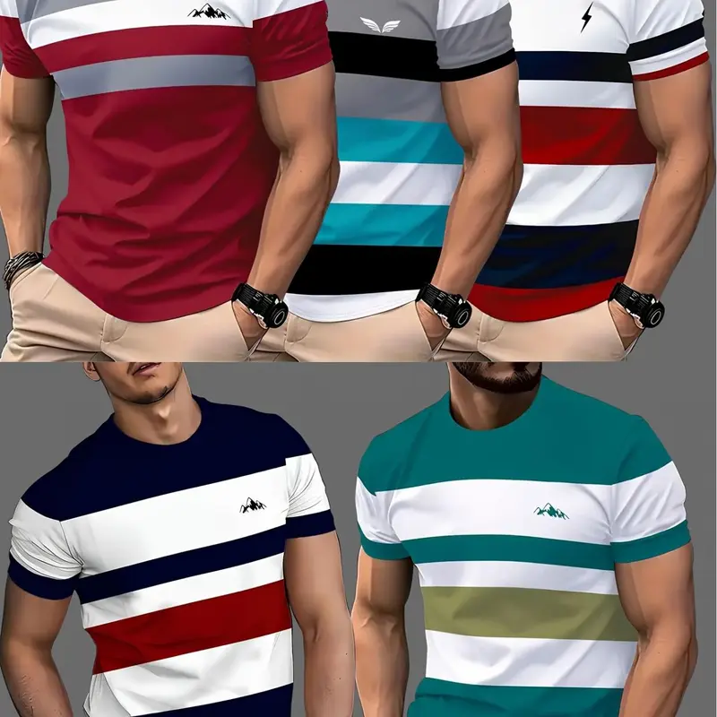 5pcs Men's Casual Comfy Striped Crew Neck Short-Sleeve T-Shirts, Casual Summer Tropical Tees for Daily Wear and Vacation, Menswear