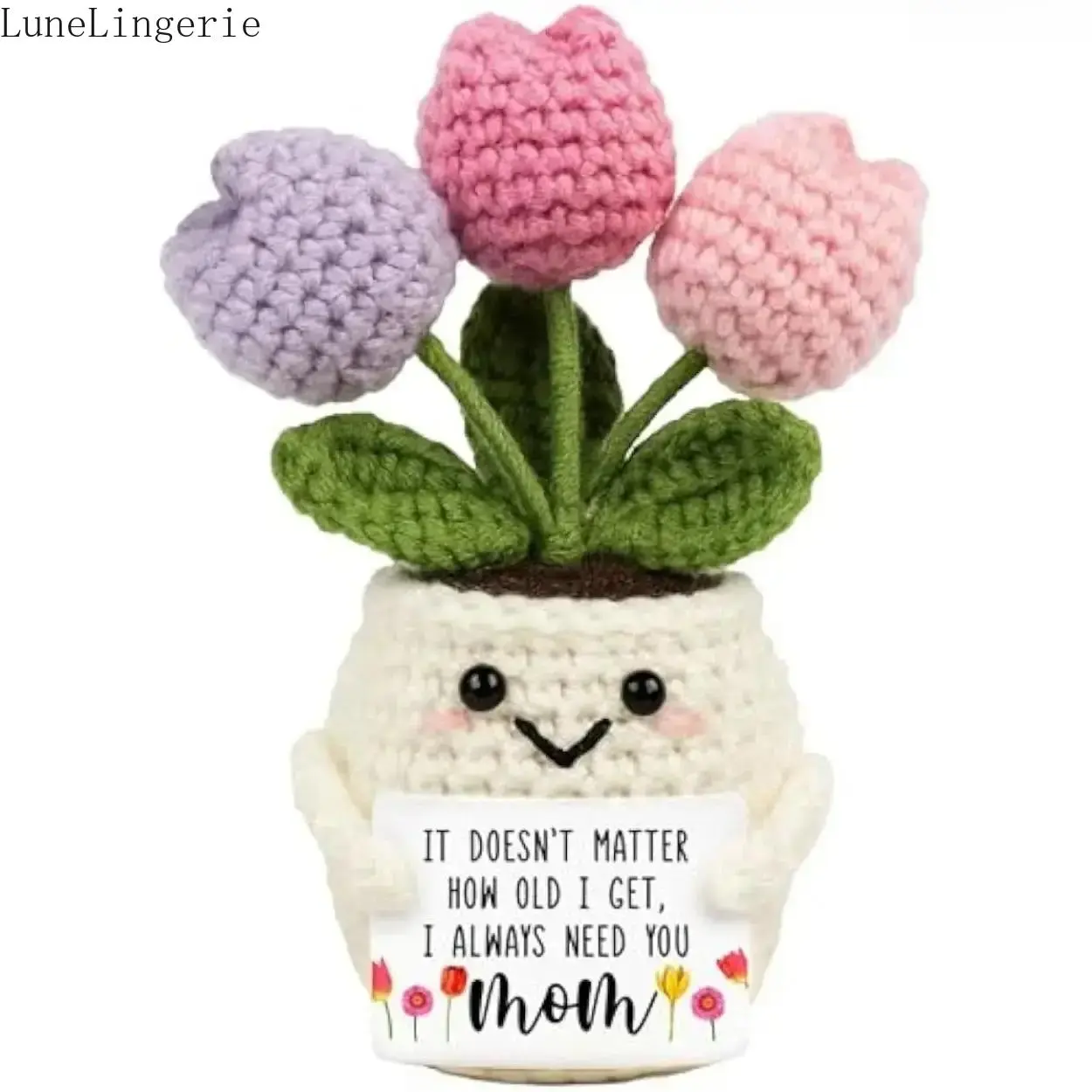 Lune Knitted Tulip Flower Mom Crochet Stuffed Animal Fashion Accessory (5.51in x 4.13in) - Heartfelt Gift for Mom, Mothers Day Present from Child