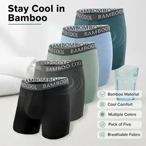 BAMBOO COOL Men's Mid-Thigh Boxer Briefs 5-Pack Bamboo Material Cool Comfort Breathable Fabric 3D U-Shaped Pouch Seamless Back Soft Elastic Waistband summervibes,summervibes