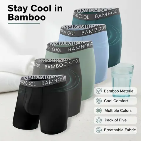 BAMBOO COOL Men's Bamboo Fabric Boxer Briefs, 5-Pack - Breathable, Lightweight, Minimalist Natural Stretch Menswear with 3D U-Pouch, Seamless Back, Classic Plain for All-Day Soft Comfort