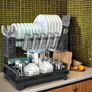 [TikTok Shop Spring Glow Up] Double-Layer Kitchen Countertop Dish Drying Rack, Metal & Carbon Steel Construction with Drain Tray, Ideal for Tableware Storage, Multi-Purpose Kitchen Storage Organizer