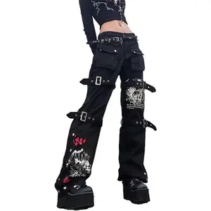 Women Y2k Pants Goth Punk Emo Pants Baggy Bell Bottom Jeans Y2k Wide Leg Jeans Harajuku Grunge Pants Cargo Pants Hip Hop Clothes