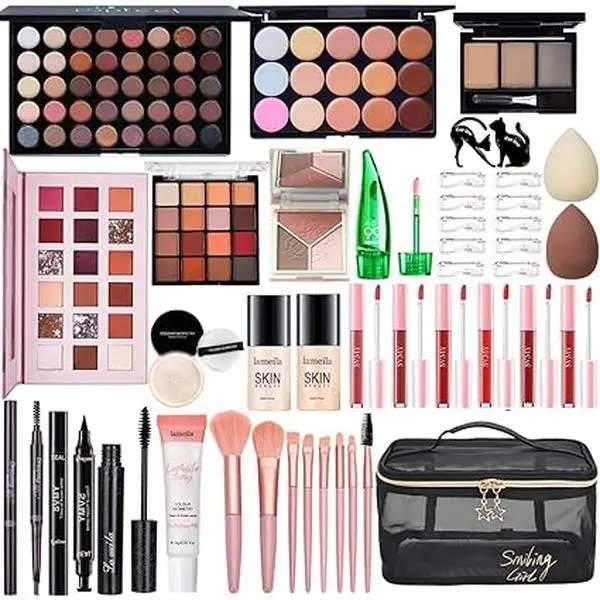 All in One Makeup Kit for Women Full Kit, Make Up Gift Set for Women, Makeup Essential Bundle Includes Foundation Face Primer Eyeshadow Contour Palette Lipstick Eyeliner Mascara Cosmetic Brush Set Concealer Daily Gel Friend