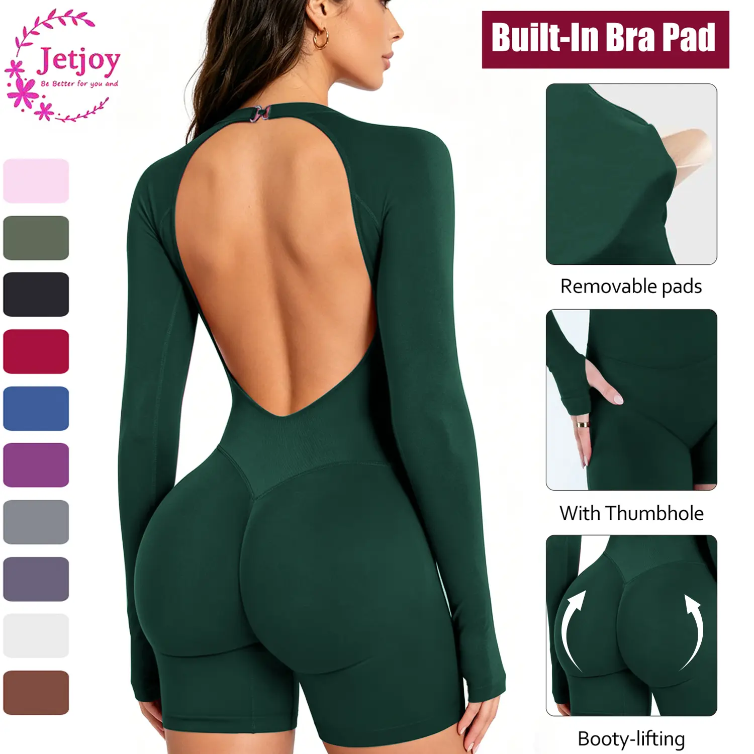 Jetjoy Seamless Long Sleeve Backless Romper, Built-in Sports Removable Pad Seamless Jumpsuit Tummy Control Romper for Women Workout Yoga Gym Seamless One Piece Jumpsuit Tummy Control Gym Shorts for Women, Workout Yoga Gym Seamless One Piece