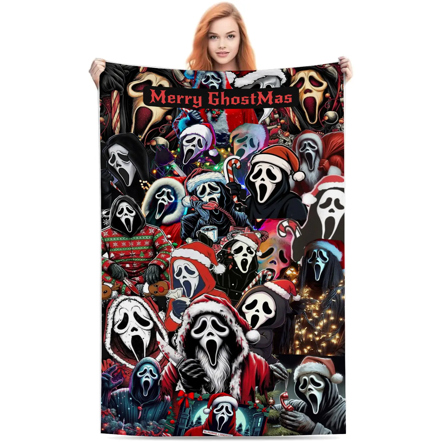 Merry GhostMas Ghostface Scream Horror Christmas Flannel Throw Blanket, Spooky Santa Ghostface Collage Print Warm Sofa Cover, Gothic Xmas Home Decor, Unique Holiday Gift For Horror Movie Fans