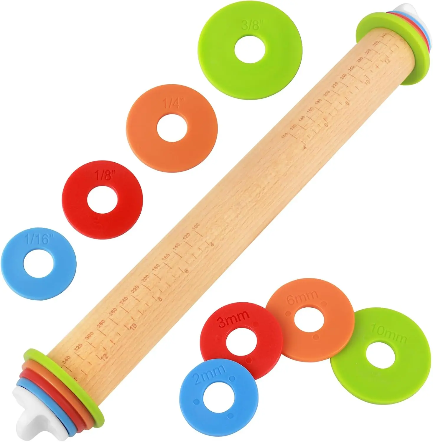 Rolling Pin with Thickness Rings, Adjustable Wooden Rolling Pins for Baking, Dough Roller Pins for Cookie Pastry Tools Cake Baker, Fondant Roller for Decorating Bakery Supplies Kitchen Gadgets