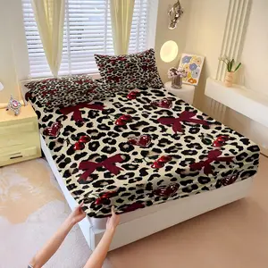 3Pcs Leopard Print Fitted Sheet Set, Cherry Heart Red Bow Pattern Bedding Set, Soft Microfiber Skin-Friendly Fabric, Vintage Girly Room Decor, Easy Care Machine Washable, Perfect for Teens Girls Bedroom Dorm Room. Includes 2 Pillowcases, No Pillow Core.