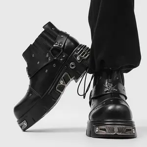 Big-Head Boots Men's Black-Silver Vintage｜Skull Buckle Metal Studs Chunky Lug Sole Fall/Winter Daily Wear