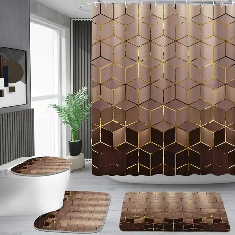 Golden Abstract Geometric 3D HD Bathroom Decor Set - Adjustable Anti-Slip Waterproof Shower Curtain (12 Hooks), Non-Slip Carpet, U-Shaped Toilet Cushion, Toilet Seat Cover, All Seasons Ideal Gift for Bathroom Use