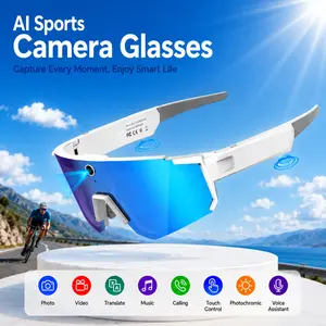 Smart Sports Glasses with 8MP Camera, 2K Photo/1200P Video Recording Wearable Glasses, IP54 Waterproof Multifunctional Wireless Audio Bluetooth Glasses with Headphone, Outdoor Sports Polarized Sunglasses with AI Voice Assistant, UV Protection Eyeglass