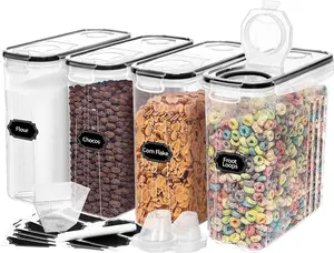 4PCS Cereal Containers Storage, Airtight Food Storage Containers with Pour Spout for Kitchen & Pantry Organization Storage, Plastic Cereal Dispensers, Measuring Cup & 20 Labels