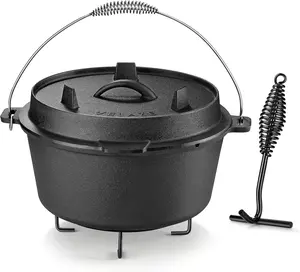 10QT Camping Dutch Oven, Pre-Seasoned Cast Iron Camp Dutch Oven Pot with Lid, for Use in the Oven, on the Stove, Grill, or over the Campfire - Metal Handle, Lid Lifter, and Stand Support