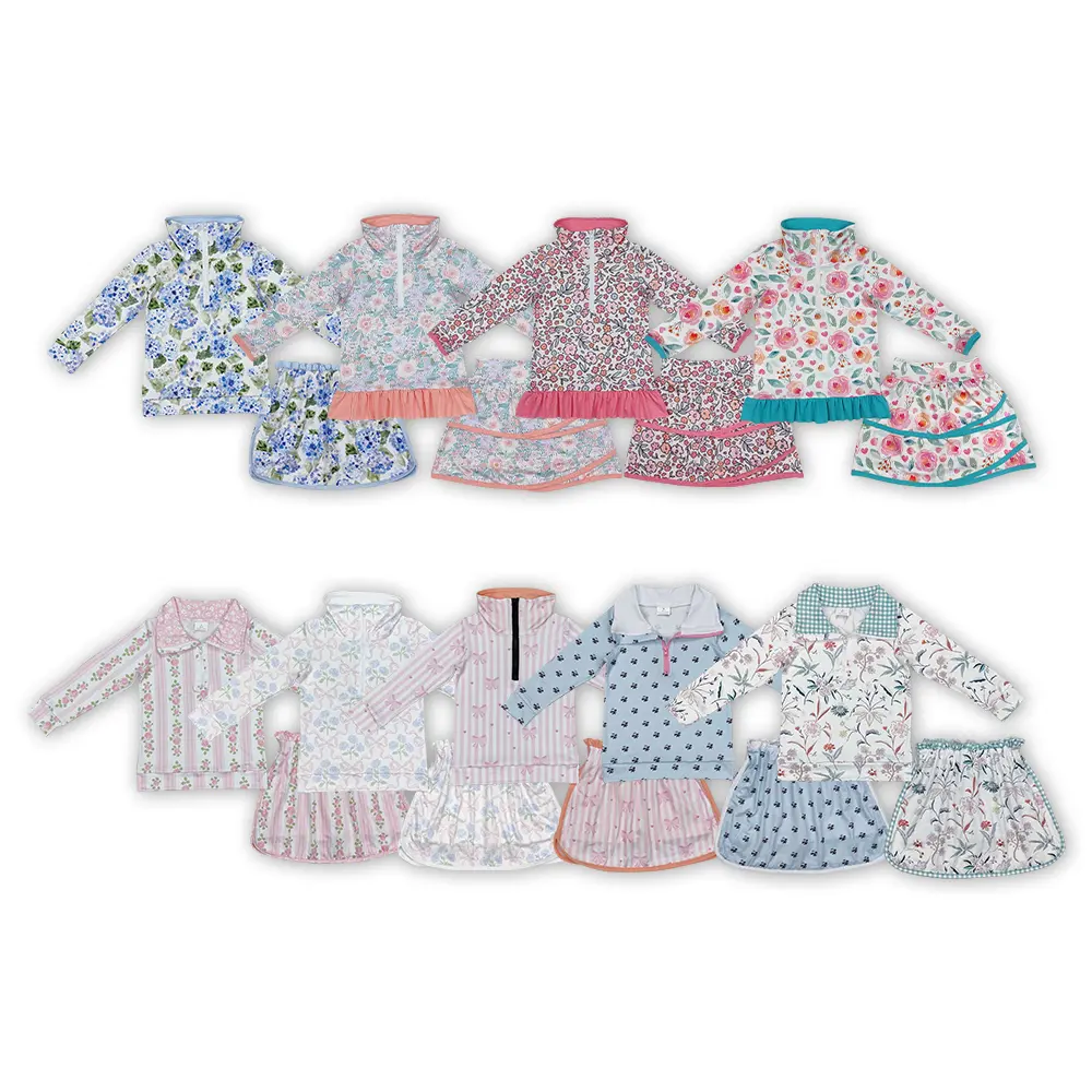 Girls' Active Clothes Set with Long Sleeve Half-Zip Jacket & Printed Skort, Soft 2-Piece Outfit in Trendy Colors, Ready to Wear