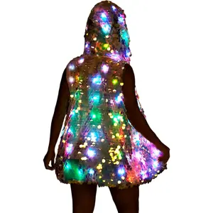 LED Light up Sequin Jacket for Women Flash Sparkly Vest Led Rave Costume Festival Outfits