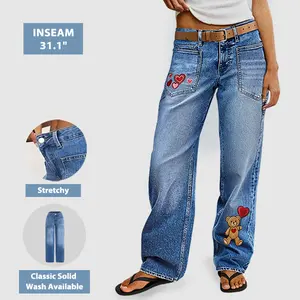 Flamingals Mid Rise Straight Leg Stretchy Jeans Embroidered Patch Pocket Festive Style and Solid Wash