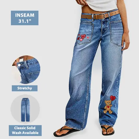 Flamingals Mid Rise Straight Leg Stretchy Jeans Embroidered Patch Pocket Festive Style and Solid Wash
