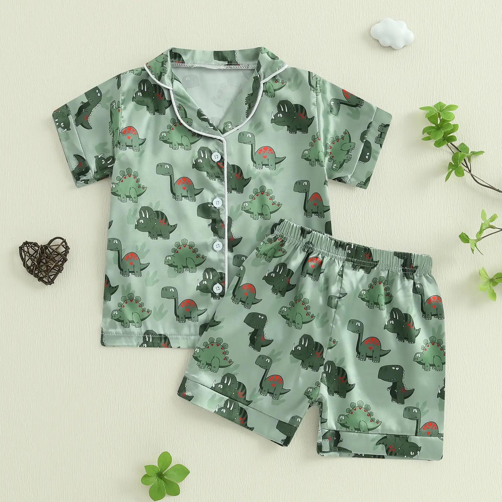 Kids Toddler Baby Boy Silk Pajamas Dinosaur Satin Pajamas Set Short Sleeve Button-Up Top Shorts 2PC PJs Sleepwear