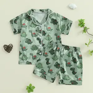 Kids Toddler Baby Boy Silk Pajamas Dinosaur Satin Pajamas Set Short Sleeve Button-Up Top Shorts 2PC PJs Sleepwear