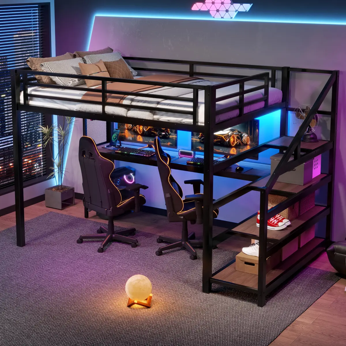 Full Size Loft Bed with Desk and Storage Stairs, Heavy-Duty Metal Loft Beds Frame with LED Lights, USB Ports, Multifunctional Iron Nets, No Spring Box Needed and Noise-free, Black