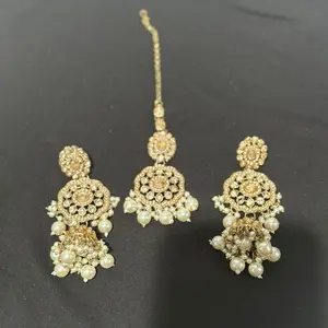 Elegant Indian style long Jhumka Jhumki style earrings for Women with tikka |Party wear | wedding | With white beads |