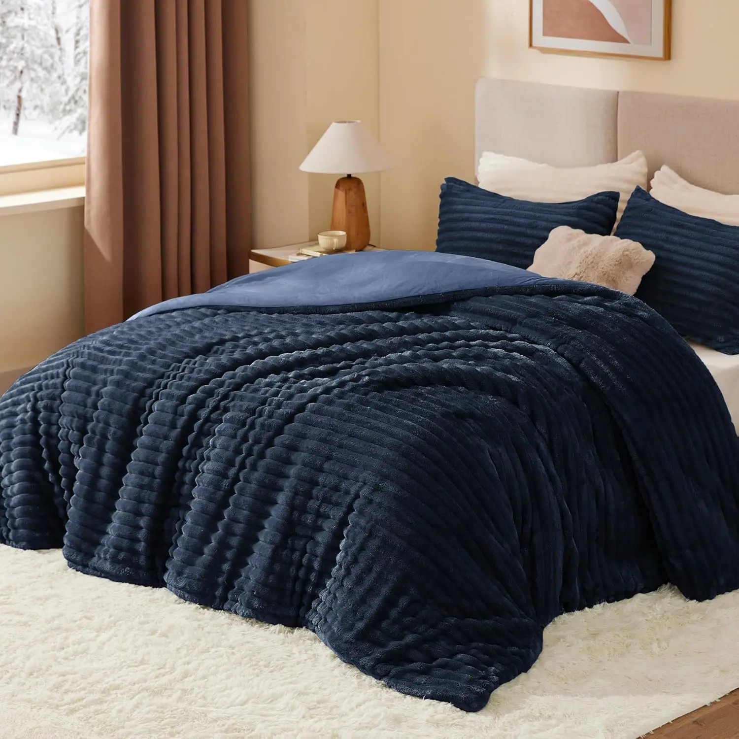 Twin Comforter Set with 1 Pillowcase - Fleece Texture, High Weight, Polyester Fill, Stripe Print, Super Warm Fluffy Navy Blue, Fuzzy Winter Bedding
