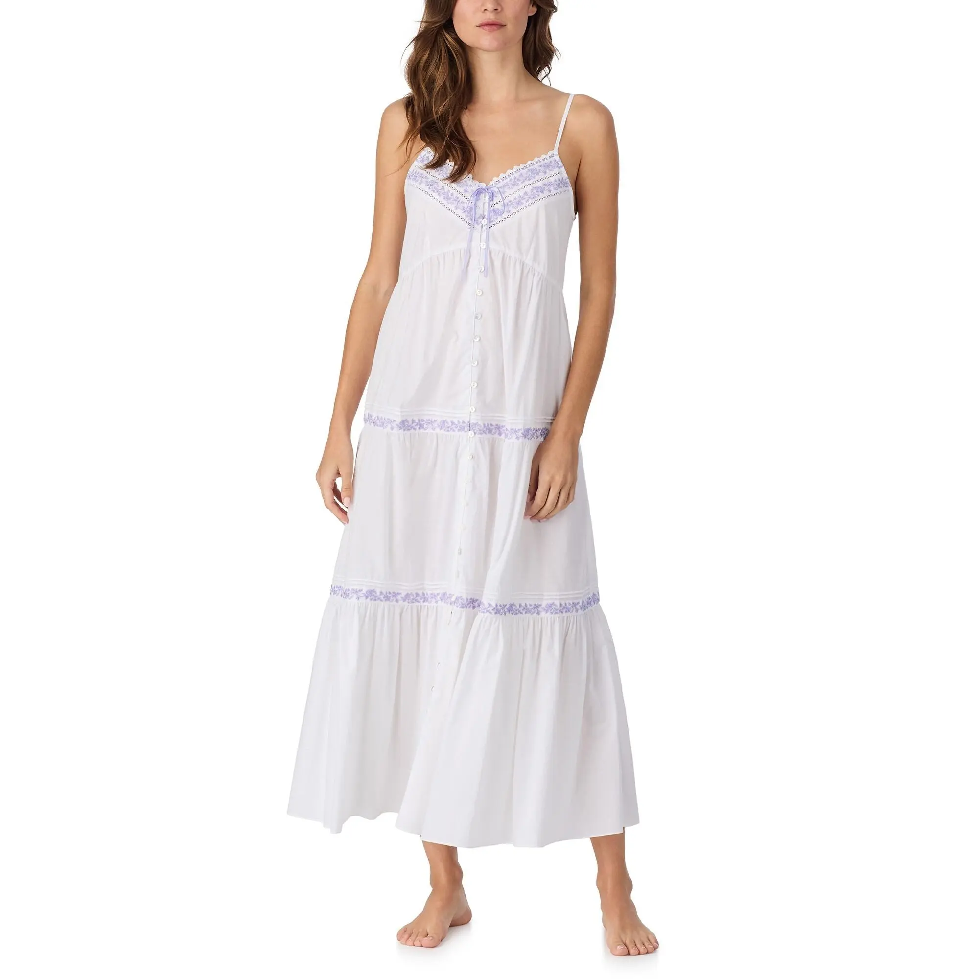 Women's Soft Woven Cotton Lawn Nightgown - Sleeveless Spaghetti Strap, Small Size, Floral, Pintuck, Eyelet, Embroidery Trim, Ruffled, Feminine Elegance, Casual Loungewear, Breathable, Machine Washable