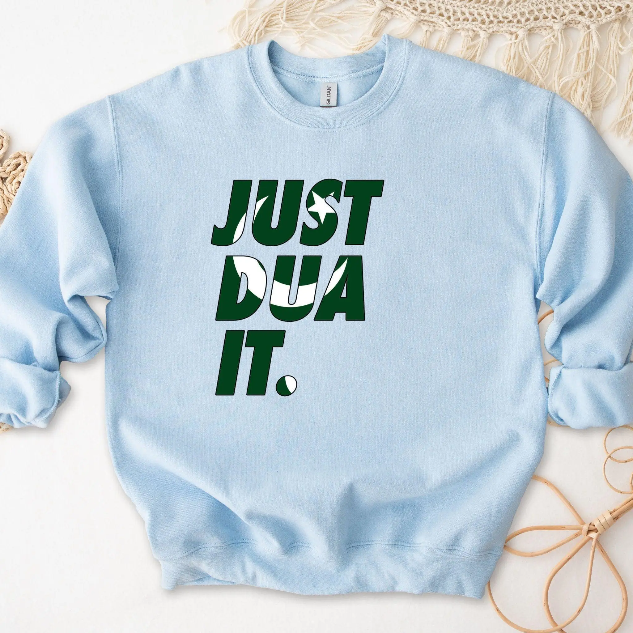 Just Dua It Pakistan Flag Sweatshirt by Humraha | Desi Arab Muslim Fashion Apparel Gifts for Ramadan Eid Nikkah Wedding Couples Families New Moms Aunts Uncles Grandparents | Pakistan India Bangladesh Palestine Lebanon Egypt Syria