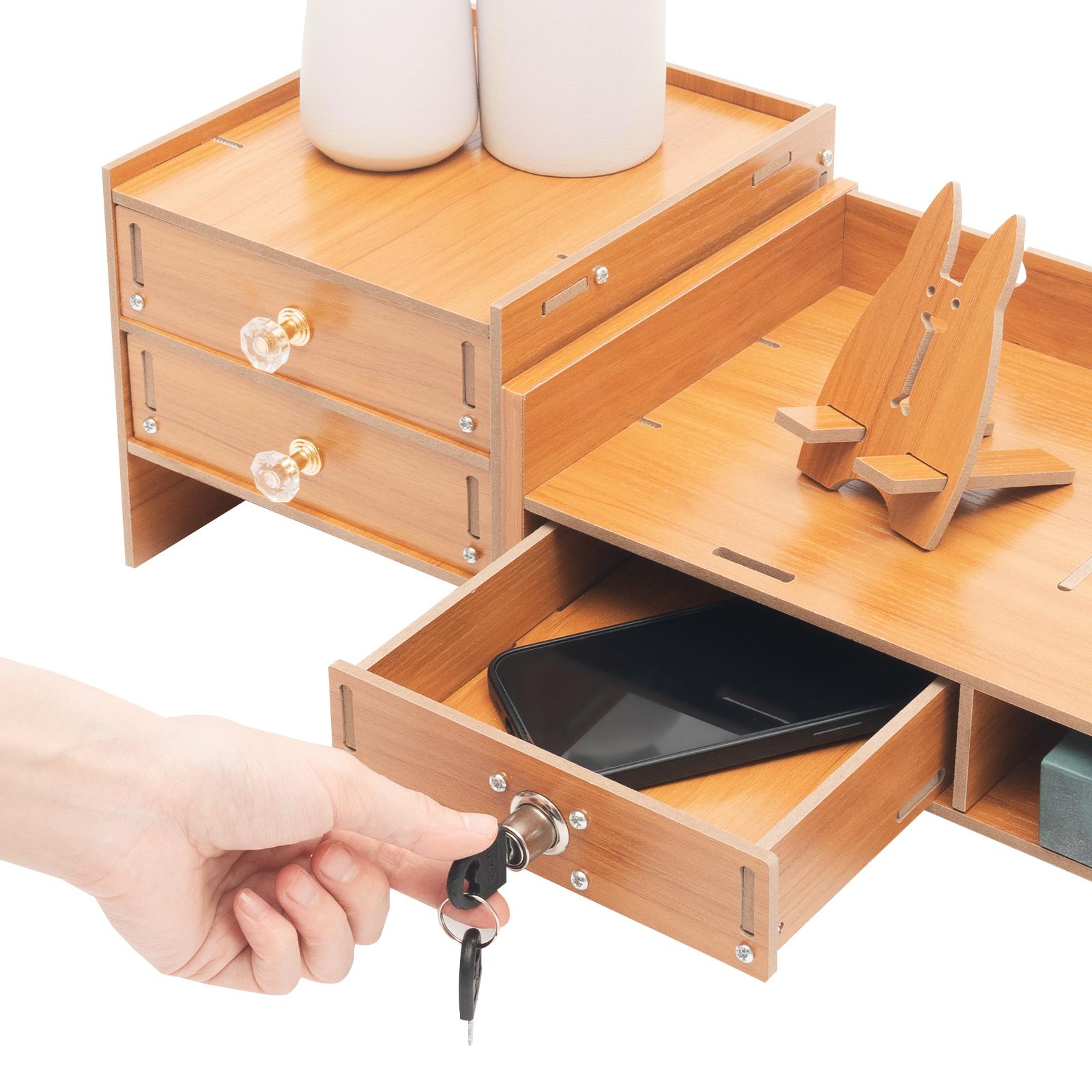 3-Drawer Computer Monitor Stand with Lockable Drawer & Side Cabinet, Wooden Desktop Organizer Riser with Phone Holder & Keyboard Storage, Ergonomic Eye Level Lift for Home Office Desk