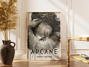 Arcane Poster – Jinx & Vi Wall Art, LoL Black White Watercolor, Dramatic Scene