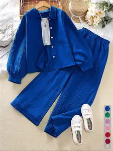 Two-Piece Set Girl's Solid Textured Button Front Shirt & Elastic Waist Pants, Casual Bishop Sleeve Collared Top & Trousers for Fall & Winter, Kids Clothes for Daily Wear, Machine Washable