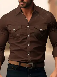 Men's Collared Fitted Long-Sleeve Plaid Patchwork Button-Up Shirt, All-Season Cotton-Polyester Plain Top, Stylish Casual Buttons Design, Suitable for Gifting and Travel, Blush Pink Menswear outdoorfun