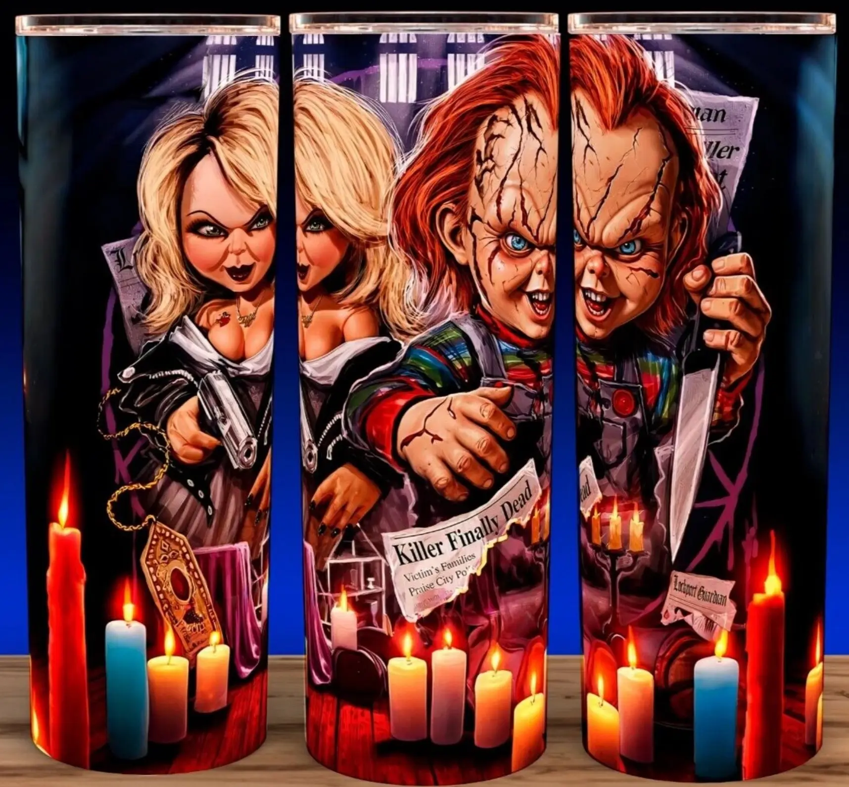 Chucky and Tiffany Horror Movie Cup Mug Tumbler 20oz  Drinkware Stainless Steel Glossy Reusable Insulated