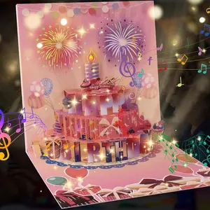 Candle-blowing fireworks cake greeting card, 3D birthday card with music and colored lights, 3D pop-up birthday card, musical birthday cards for children, wife, husband, grandfather, grandmother, daughter, son, pink design, butterfly design birthday gifts