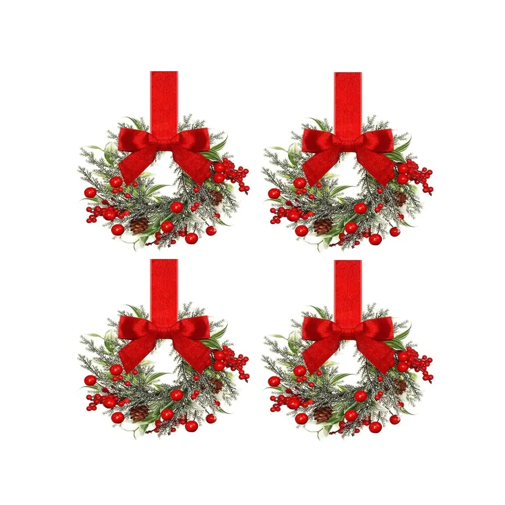 4pcs Creative Mini Christmas Wreath with Berries, Pinecones, Ribbon Bow, Realistic Leaves, Easy Hang, Farmhouse Decor, Garland Ribbon