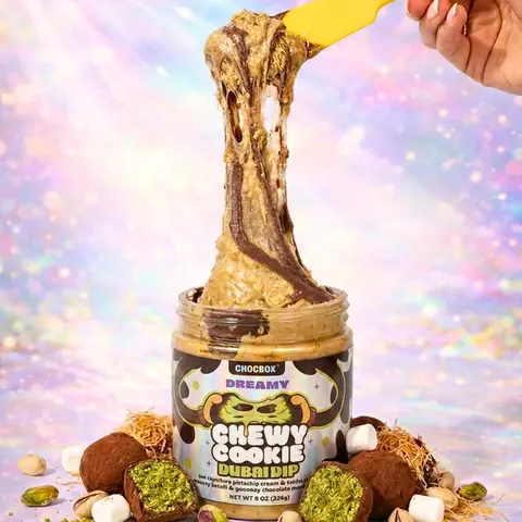 Chocbox Dubai Chewy Cookie Dip - Viral Korean Dessert-Inspired Snack, Stretchy Gooey Chocolate Marshmallow Fluff Flavor, 8oz Ambient Treat with Pistachio Cream Hit, Brownie Fill, Kataifi, Tahini, Dunk-On-Everything Option for Food Enthusiasts