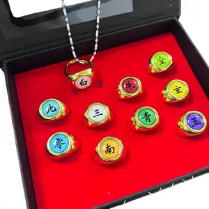 Naruto Akatsuki 10-Piece Gold Ring Set with Necklace, Anime Cosplay Collectible Rings, Ideal for Fans, Cosplay, Daily Wear & Gifting. men's jewelry