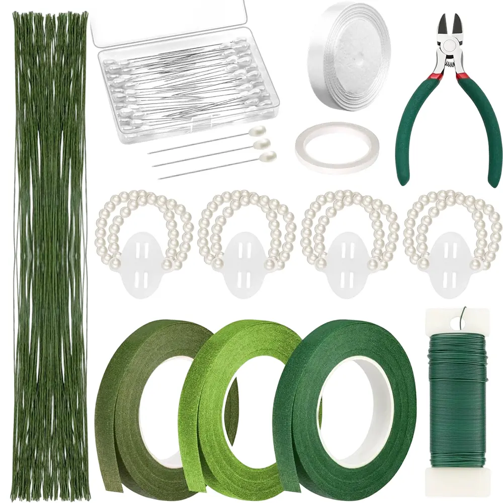 161Pcs Floral Arrangement Tools Kit, Complete Set with Green Floral Tape, Floral Wire, Cutter, Pins, Ribbon & Pearl Wrist Bands, All-in-One Supplies for Bouquets, Wreaths, Boutonnieres, Wedding Decor and DIY Flower Crafts