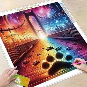 5D DIY Diamond Arts Colorful Painting Kit, Bridge & Paw Print Pattern Diamond Arts Colorful Painting, DIY Crafts Decorative Art Picture for Beginner, Diamond Painting Kits