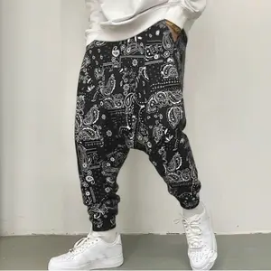 Black Paisley Print Baggy Harem Pants, Men's Casual Streetwear Drop Crotch Joggers with Elastic Cuffs