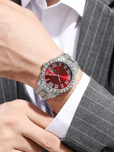 Men's Hip Hop Full Diamond Studded Watch, Roman Numerals, Calendar Analog Quartz Watch, European and American Punk Style, Luxury Men's Watch Gift