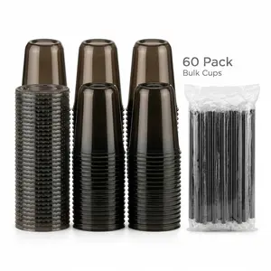 60 sets of black coffee cups with lids and straws — disposable iced coffee cups for parties, events, and weddings, featuring smoked-transparent cold drink travel cups