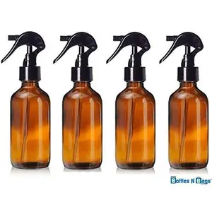 4 Oz Amber Brown Glass Bottle with Black Trigger Sprayer for Essential Oils (4 Pack) by Bottles N Bags