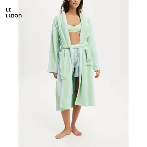 Womens Luxe Terry Shawl Robe Plush Striped Terry Cloth Bathrobe with Pocket Long Sleeve Knee Length Lounge Robes Loungewear