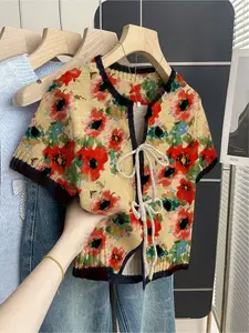 Women's khaki bohemian vacation short-sleeve knit top. Loose round neck, contrast floral print, front tie design, contrast piping. Comfortable for spring & summer casual wear.